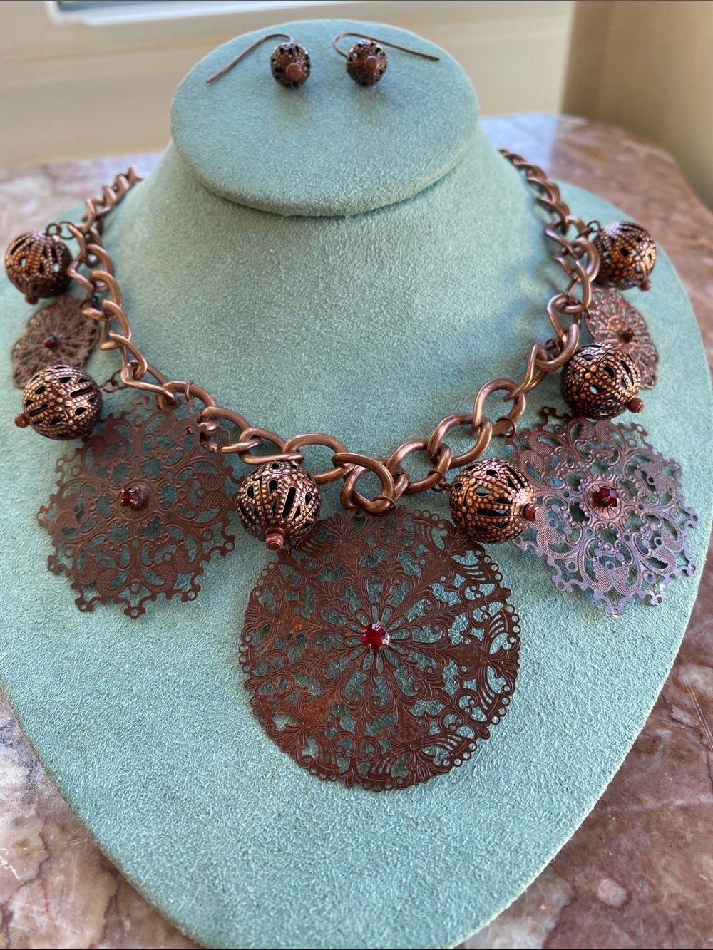 YCLM Copper-Tone Filigree Statement Necklace &Earring Set Antique Copper Set